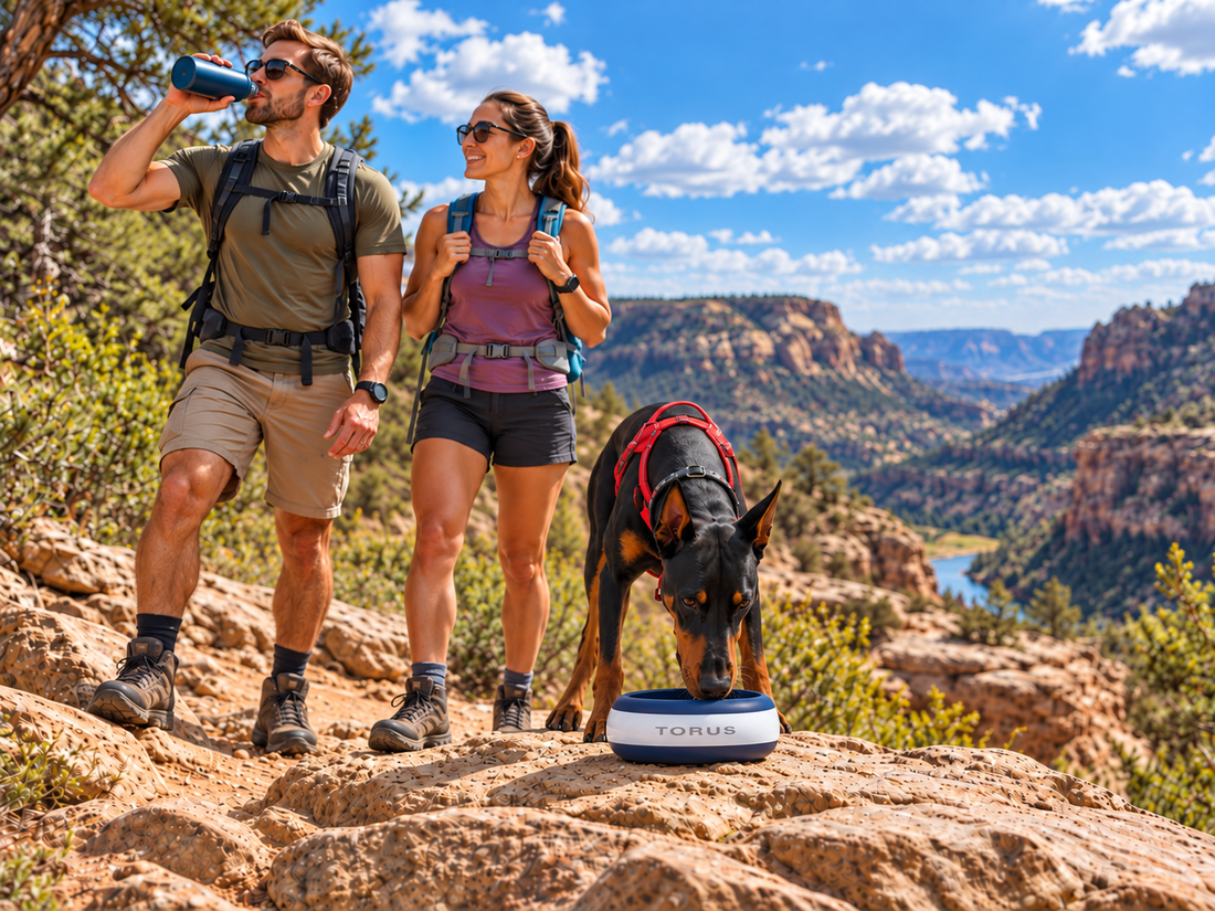Doberman drinking from a Torus water dispenser during a hike with his pet parents in the mountains