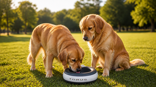Golden Retriever drinking from a Torus water dispenser