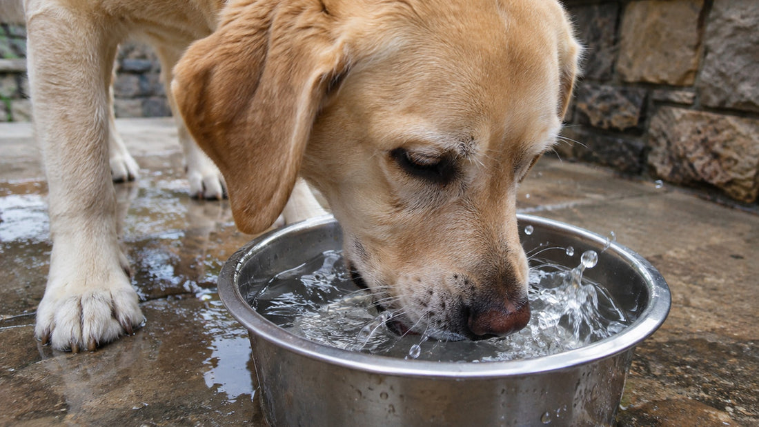 Dog gulping water rapidly from a drinking bowl, illustrating excessive thirst and drinking behaviour discussed in veterinary-informed pet hydration advice.