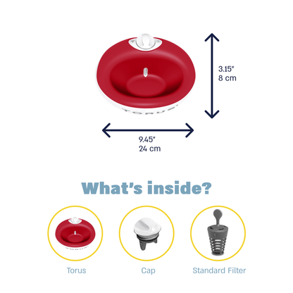 Red Torus bowl with guide, dimensions, and included components.