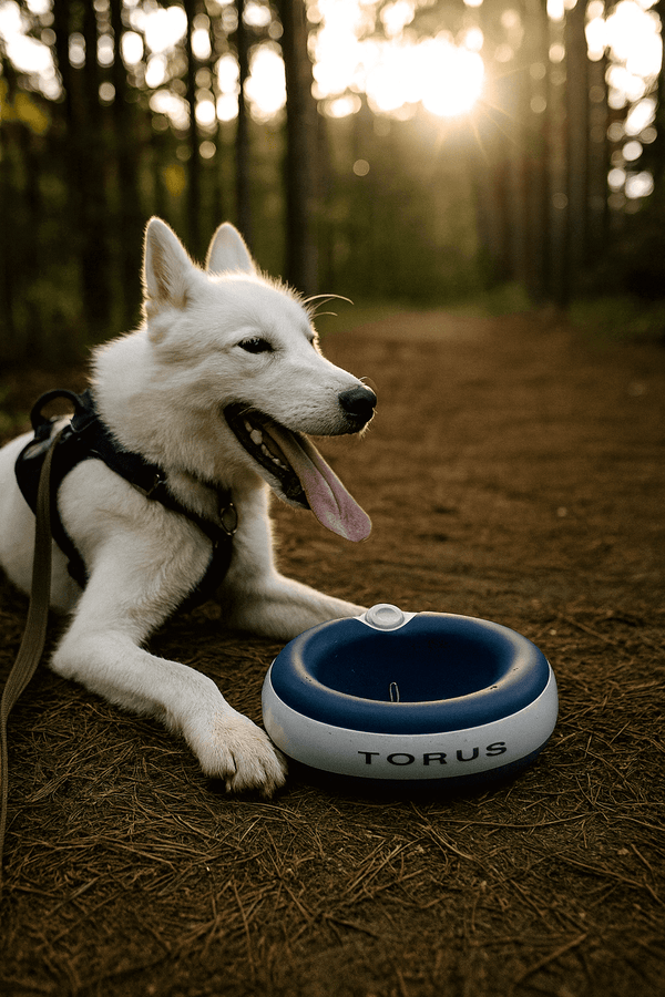 White dog with Torus water bowl